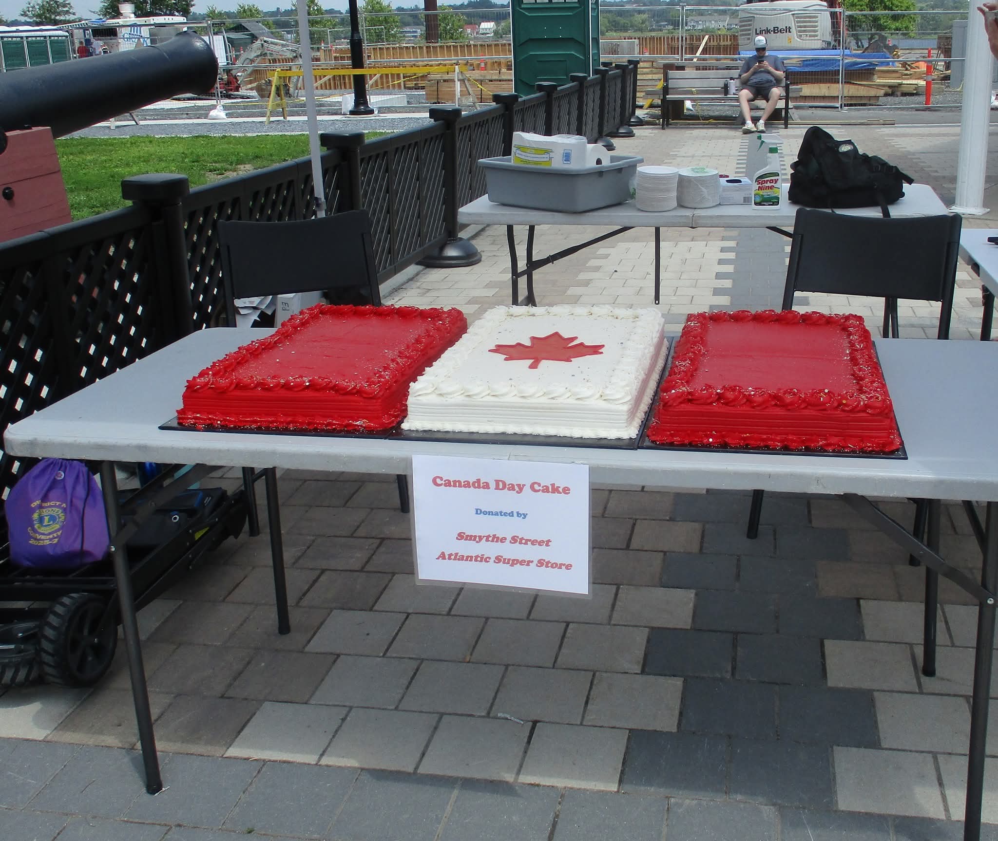 Red and white Canada Day cake with a maple leaf, donated by the Smythe Street Atlantic Super Store